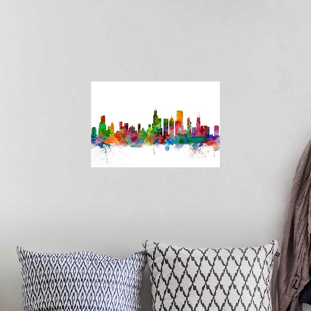 A bohemian room featuring Watercolor artwork of the Chicago skyline against a white background.