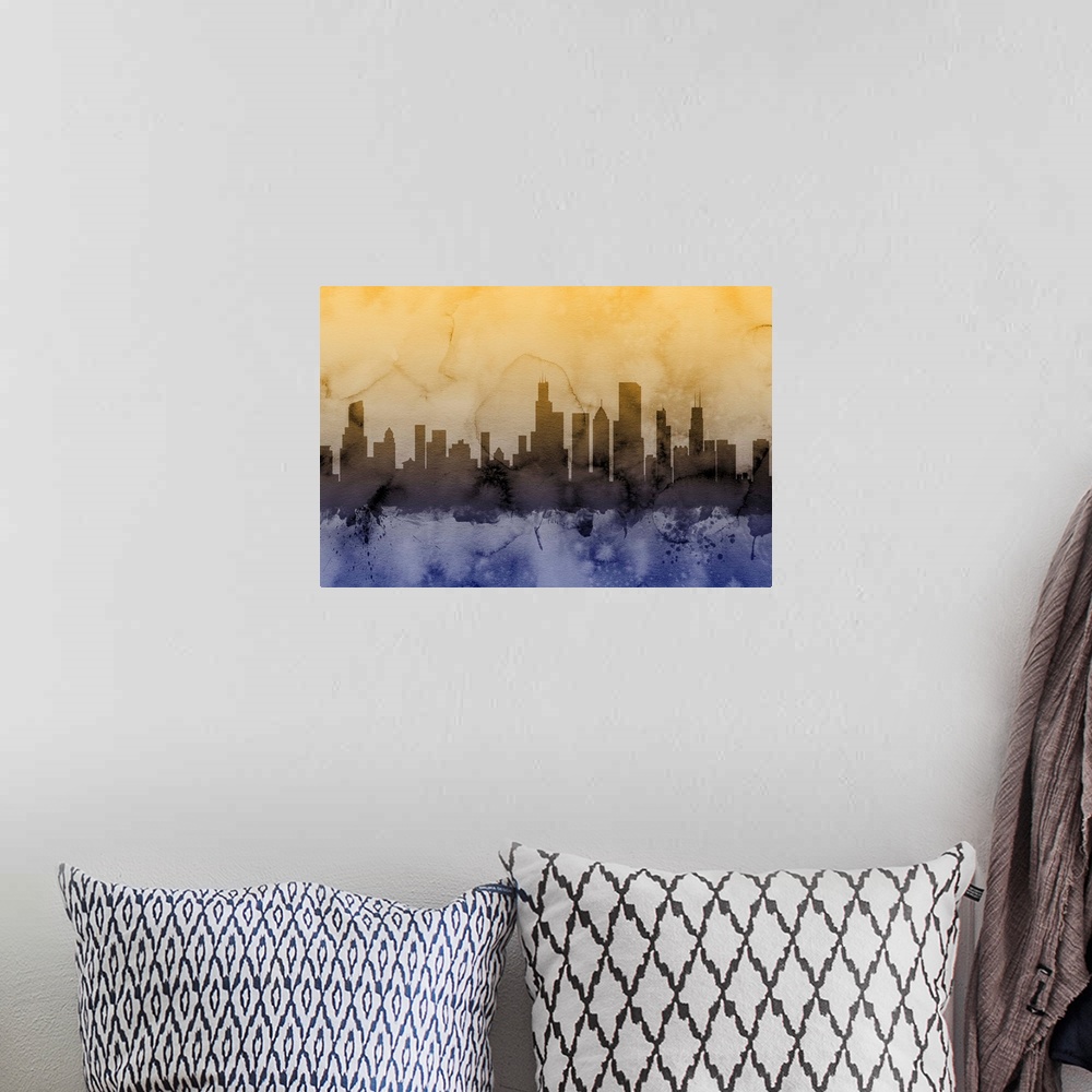 A bohemian room featuring Watercolor art map of the Chicago skyline.