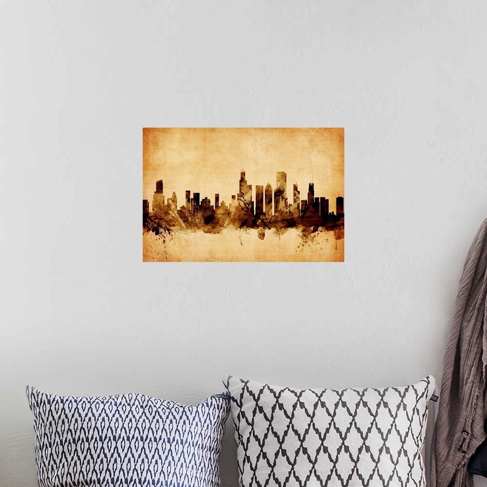 A bohemian room featuring Contemporary artwork of the Chicago city skyline in a vintage distressed look.