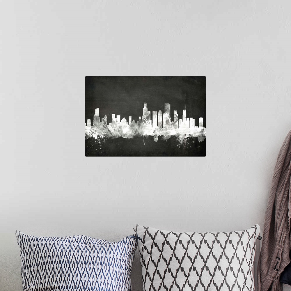 A bohemian room featuring Smokey dark watercolor silhouette of the Chicago city skyline against chalkboard background.