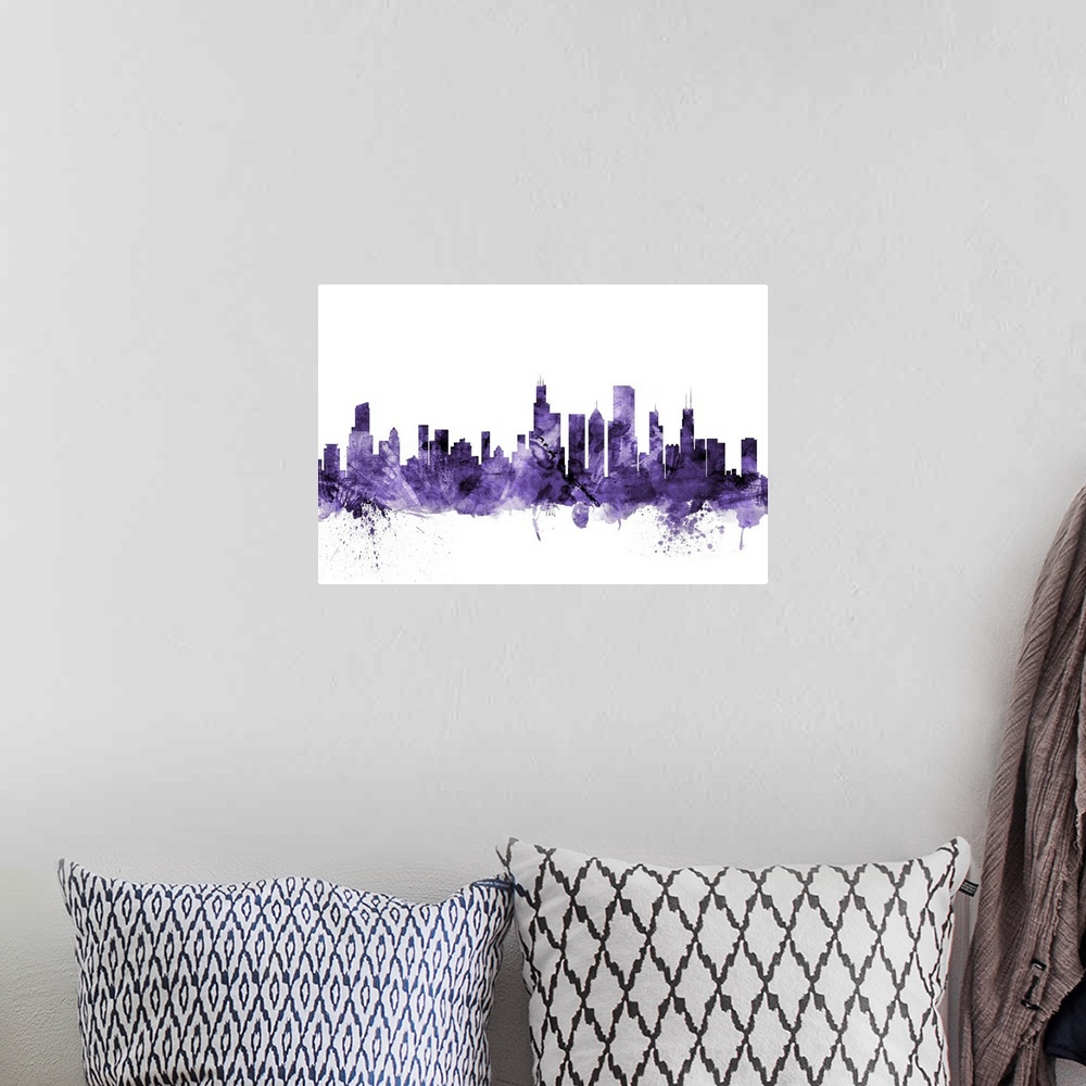 A bohemian room featuring Watercolor art print of the skyline of Chicago, Illinois, United States