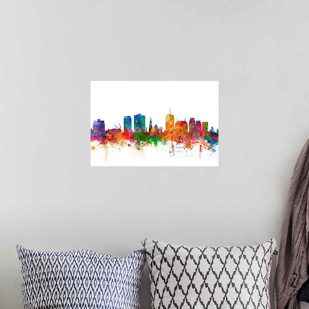 A bohemian room featuring Watercolor artwork of the Christchurch skyline against a white background.