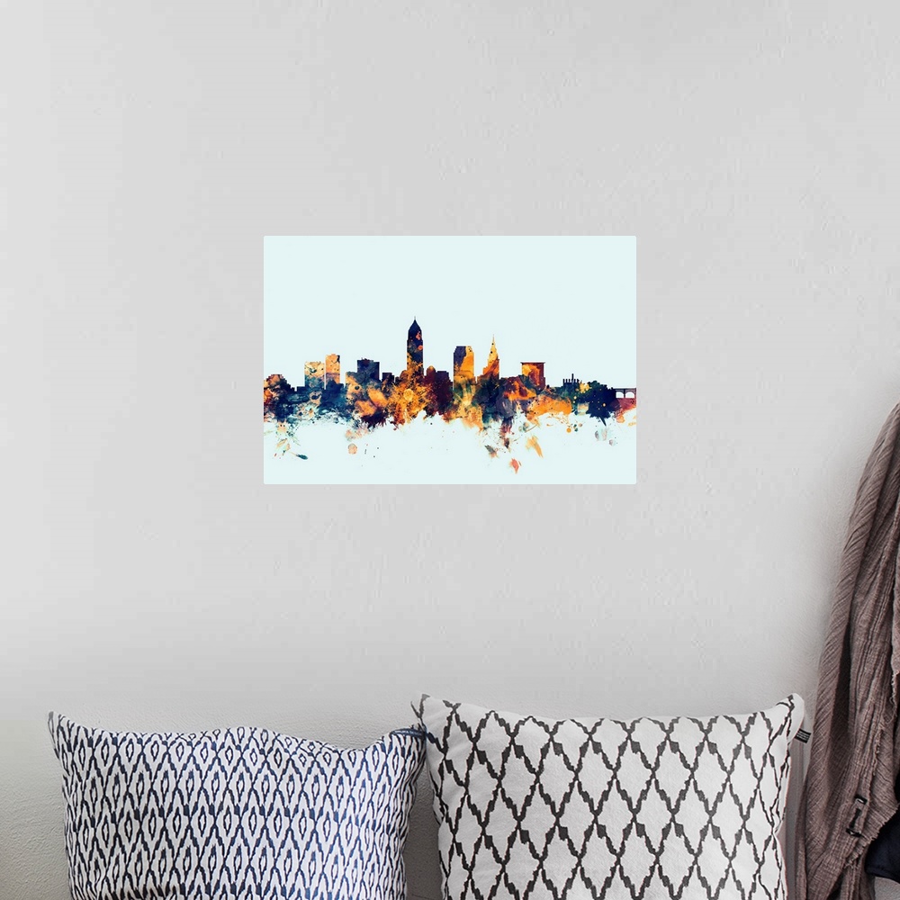 A bohemian room featuring Dark watercolor silhouette of the Cleveland city skyline against a light blue background.