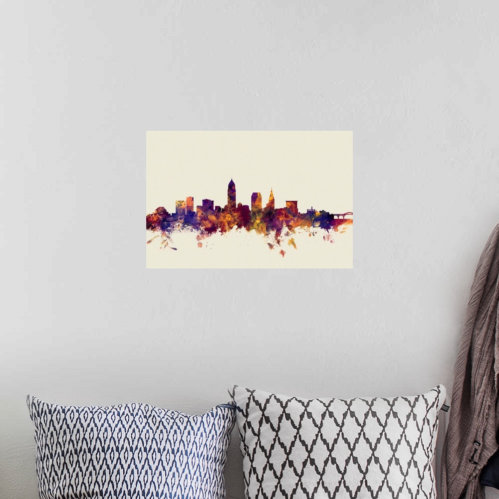 A bohemian room featuring Watercolor art print of the skyline of Cleveland, Ohio, United States