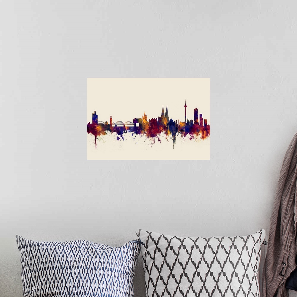 A bohemian room featuring Watercolor art print of the skyline of Cologne, Germany (Koln)
