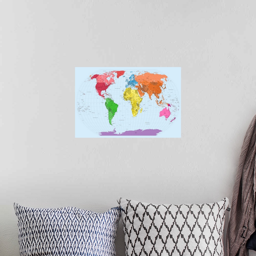 A bohemian room featuring Educational wall art for the home or class room a world map where each continent and the individu...