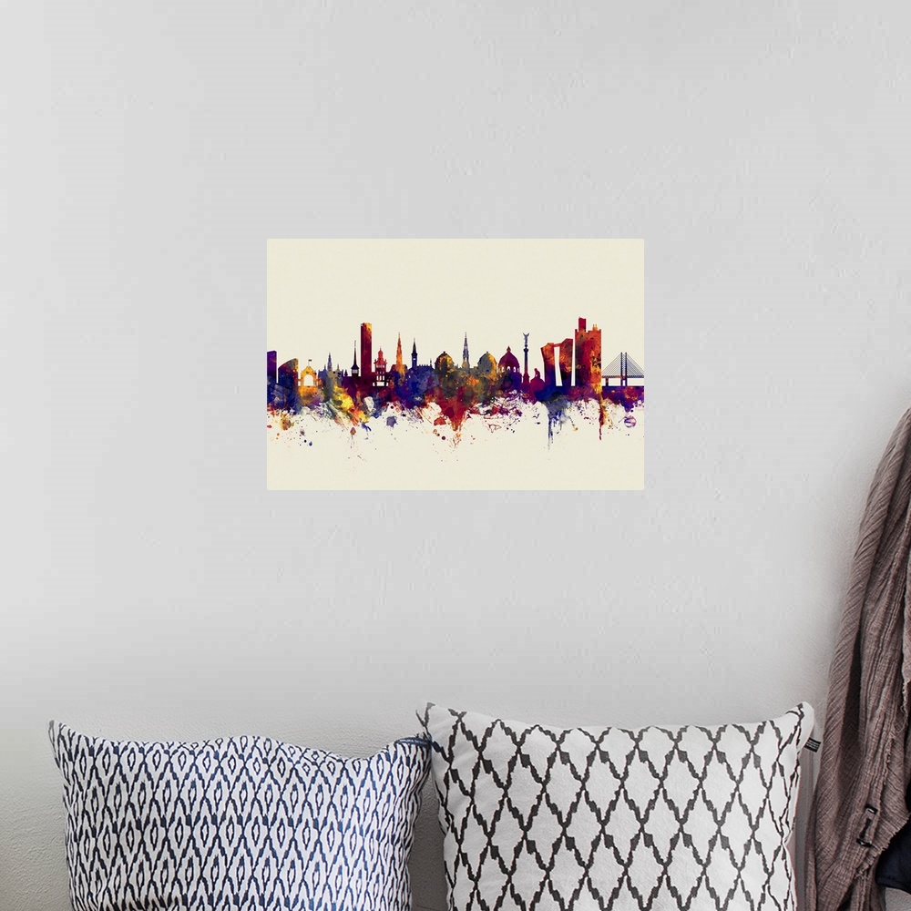 A bohemian room featuring Watercolor art print of the skyline of Copenhagen, Denmark.
