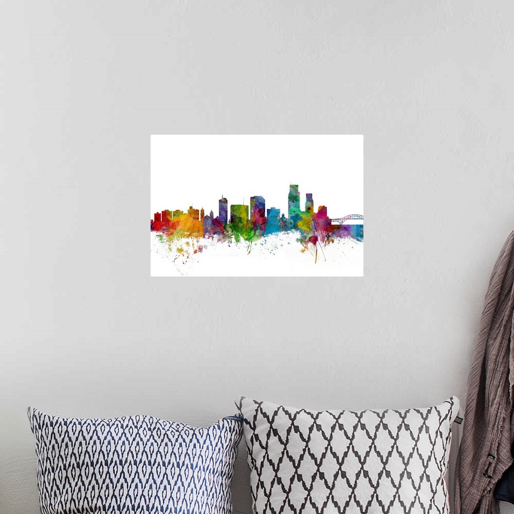 A bohemian room featuring Watercolor artwork of the Corpus Christie skyline against a white background.