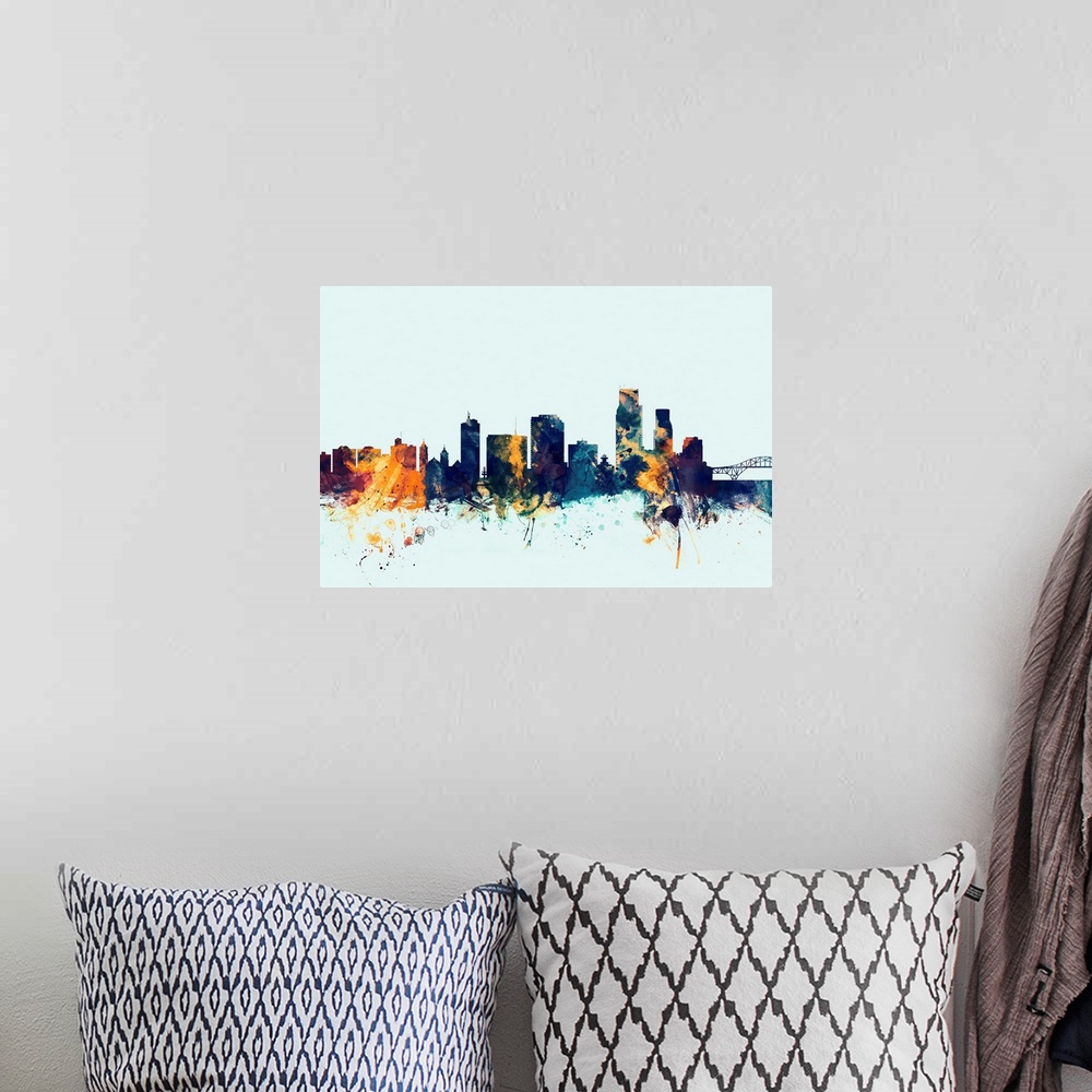 A bohemian room featuring Dark watercolor silhouette of the Corpus Christie city skyline against a light blue background.