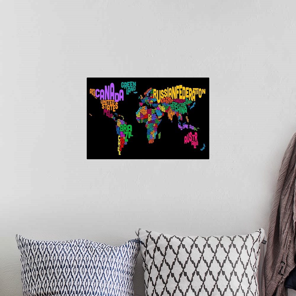 A bohemian room featuring Country Names World Map, Multicolor on Black