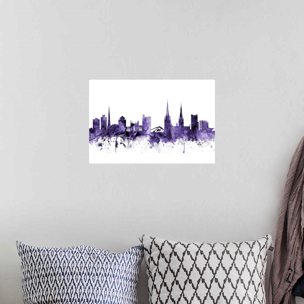 A bohemian room featuring Watercolor art print of the skyline of Coventry, England, United Kingdom