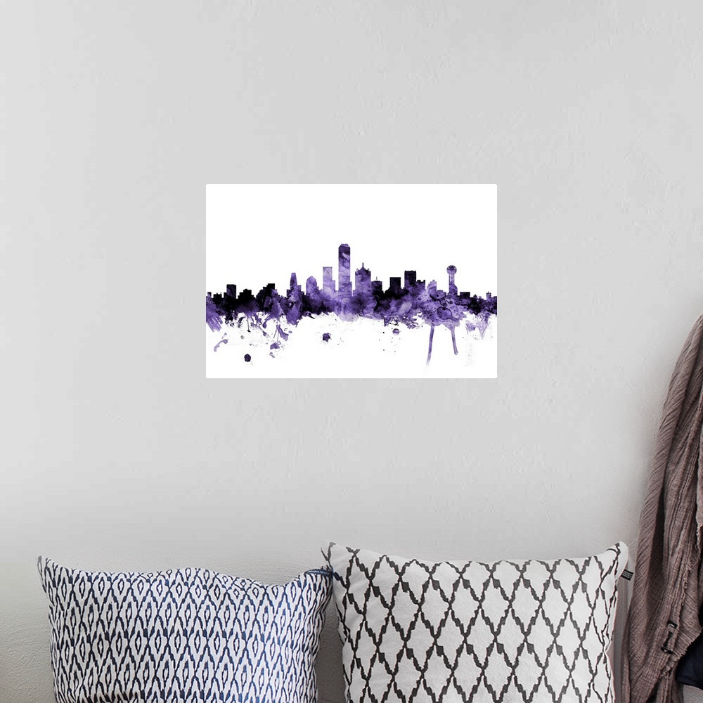 A bohemian room featuring Watercolor art print of the skyline of Dallas, Texas, United States