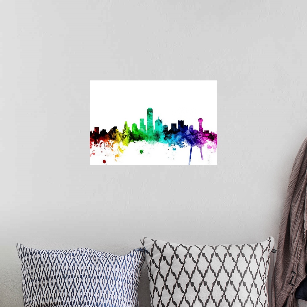 A bohemian room featuring Watercolor art print of the skyline of Dallas, Texas, United States.