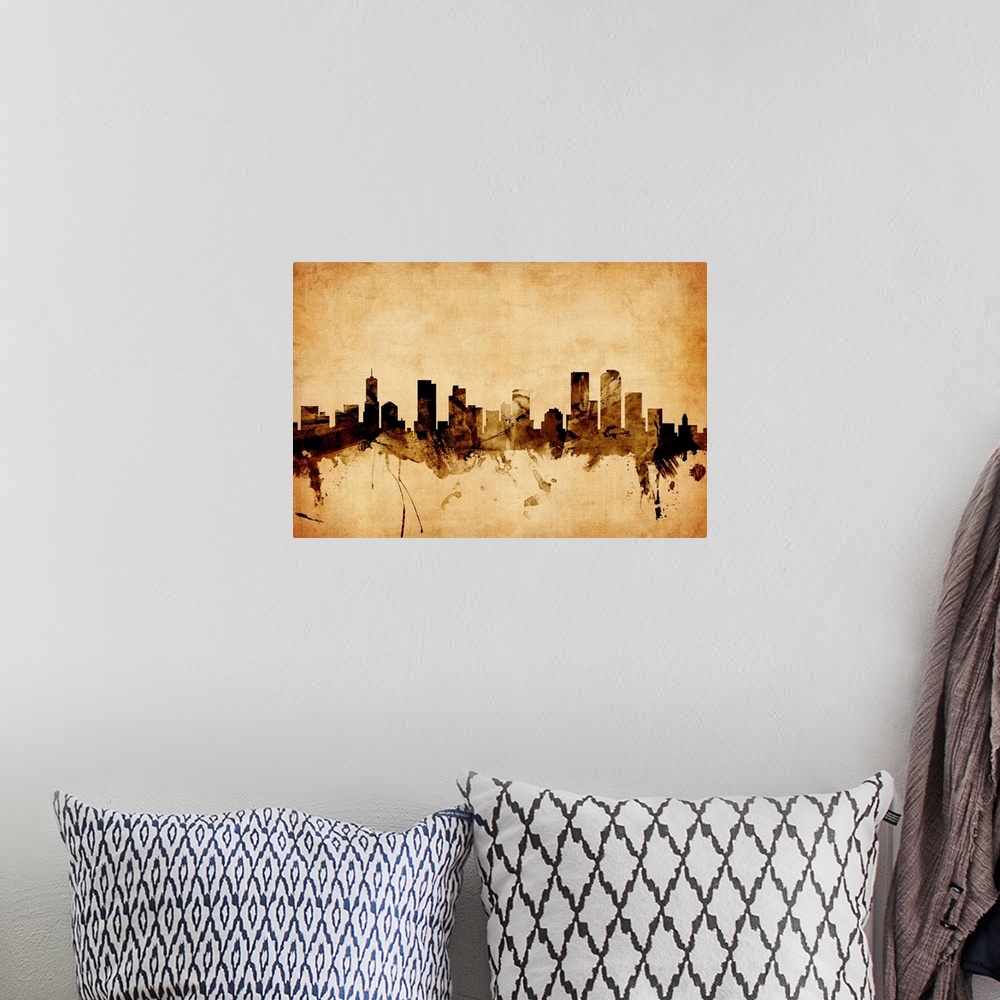 A bohemian room featuring Contemporary artwork of the Denver city skyline in a vintage distressed look.