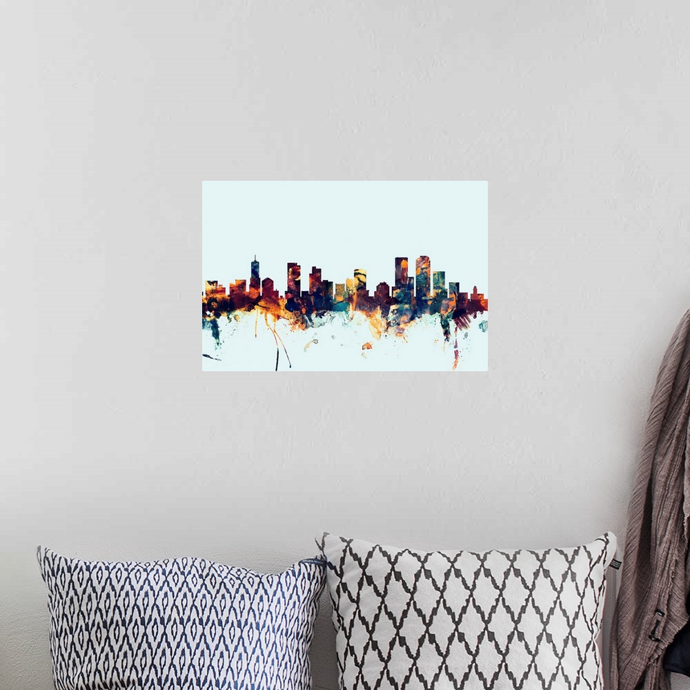 A bohemian room featuring Dark watercolor silhouette of the Denver city skyline against a light blue background.