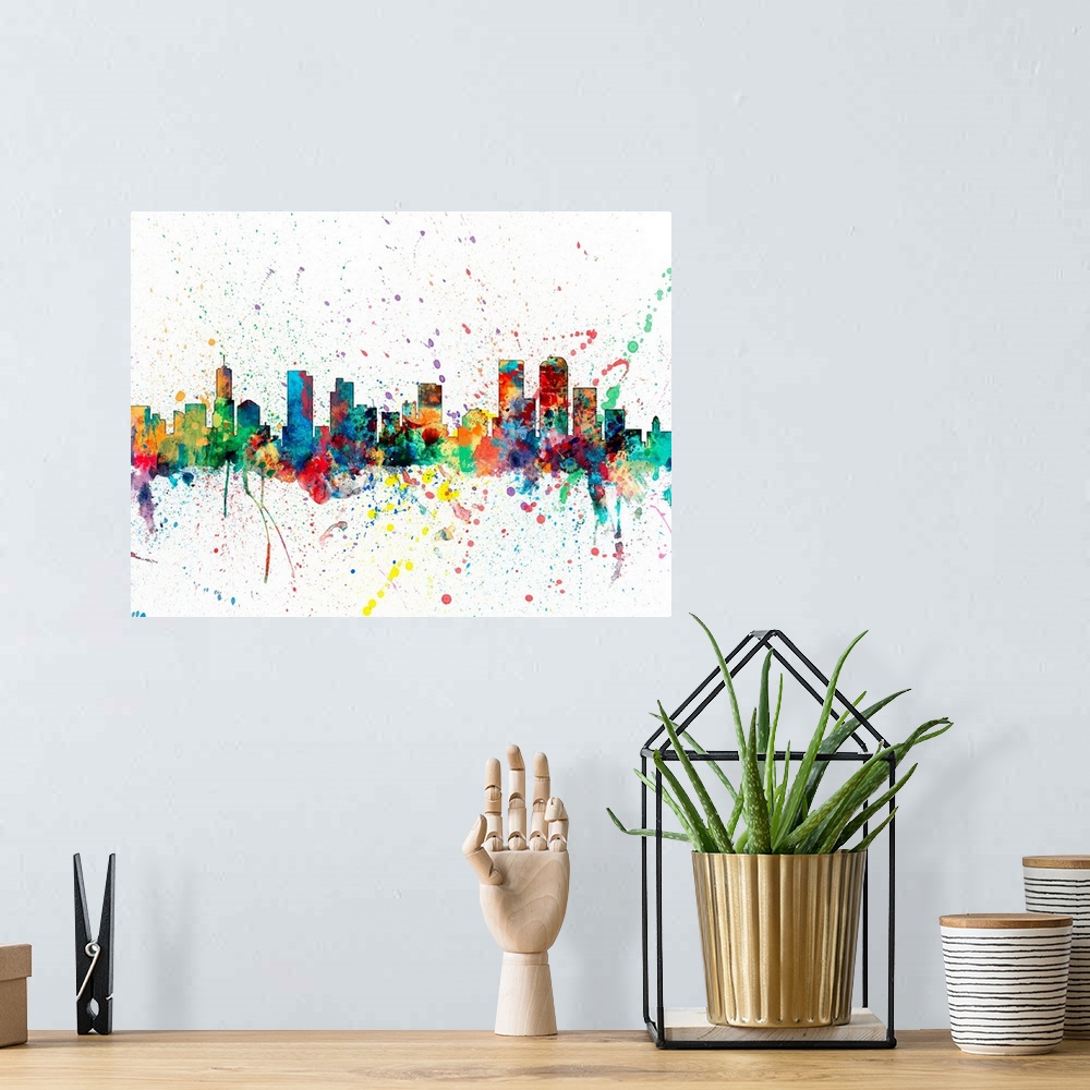 A bohemian room featuring Wild and vibrant paint splatter silhouette of the Denver skyline.