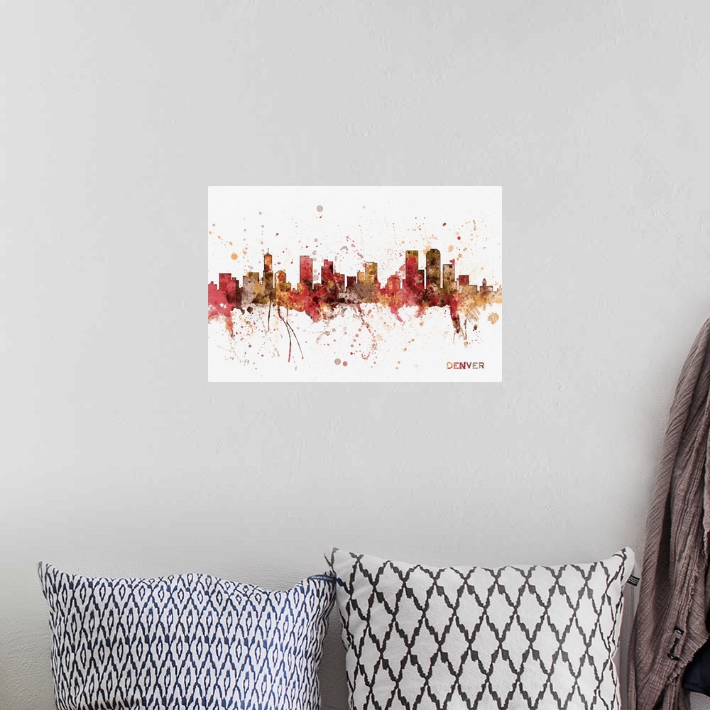 A bohemian room featuring Watercolor and paint splashes art print of the skyline of the City of Denver, Colorado, United St...