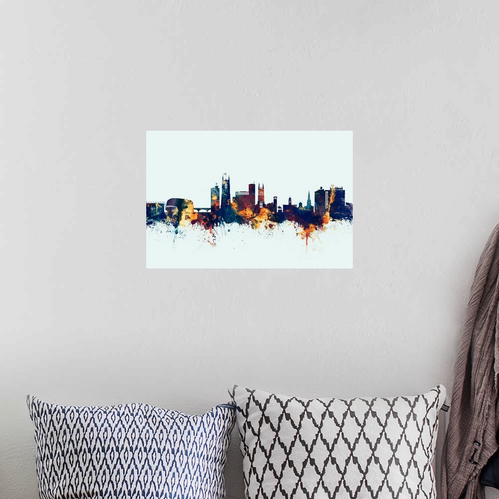 A bohemian room featuring Watercolor art print of the skyline of Derby, England, United Kingdom