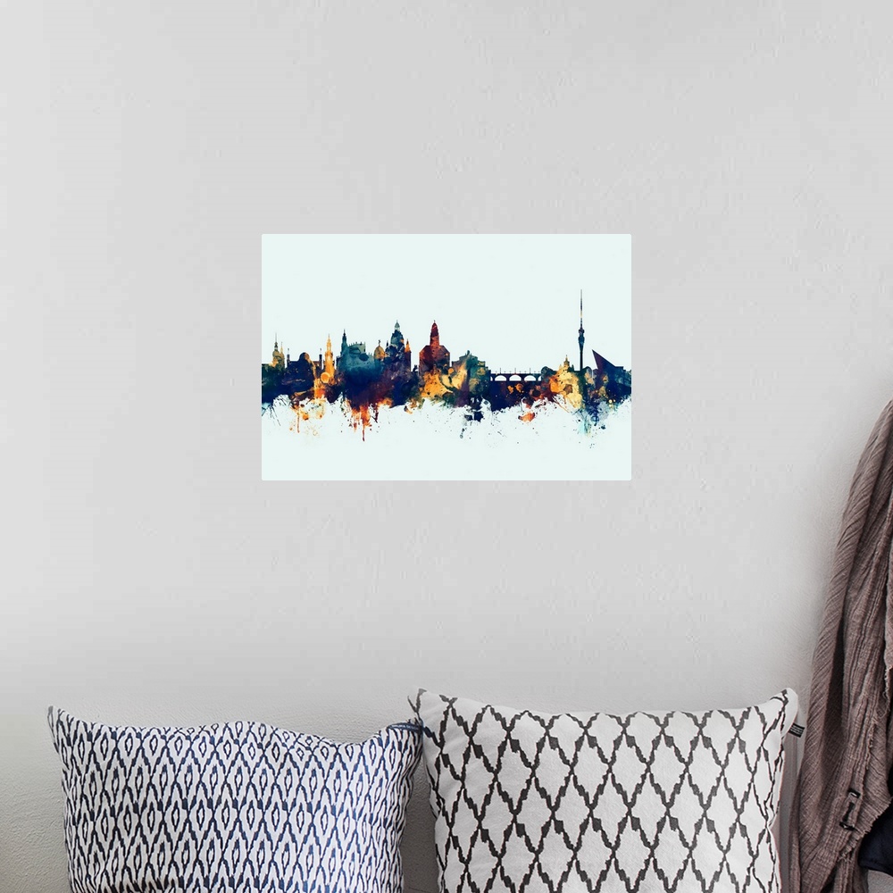 A bohemian room featuring Watercolor art print of the skyline of Dresden, Germany
