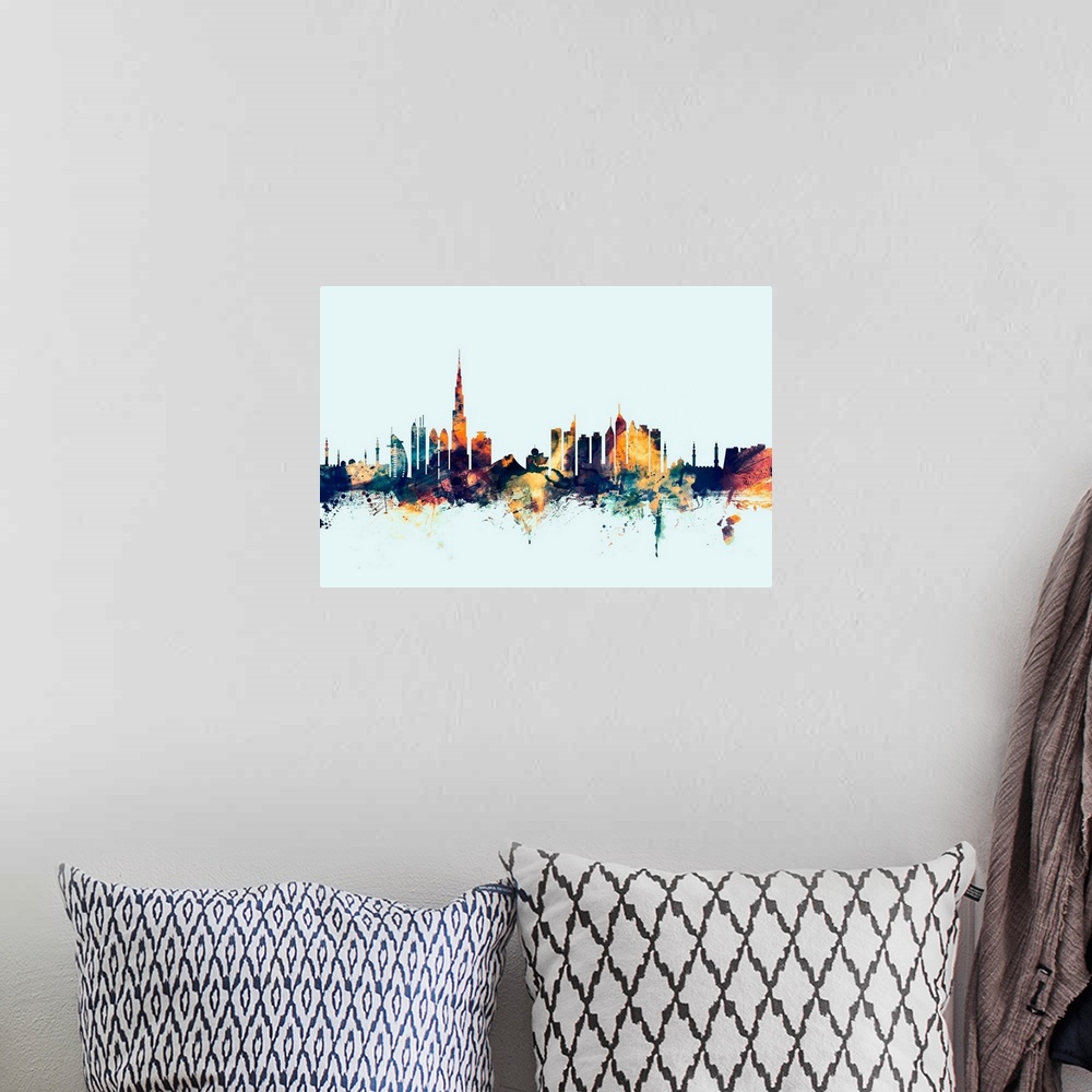 A bohemian room featuring Dark watercolor silhouette of the Dubai city skyline against a light blue background.