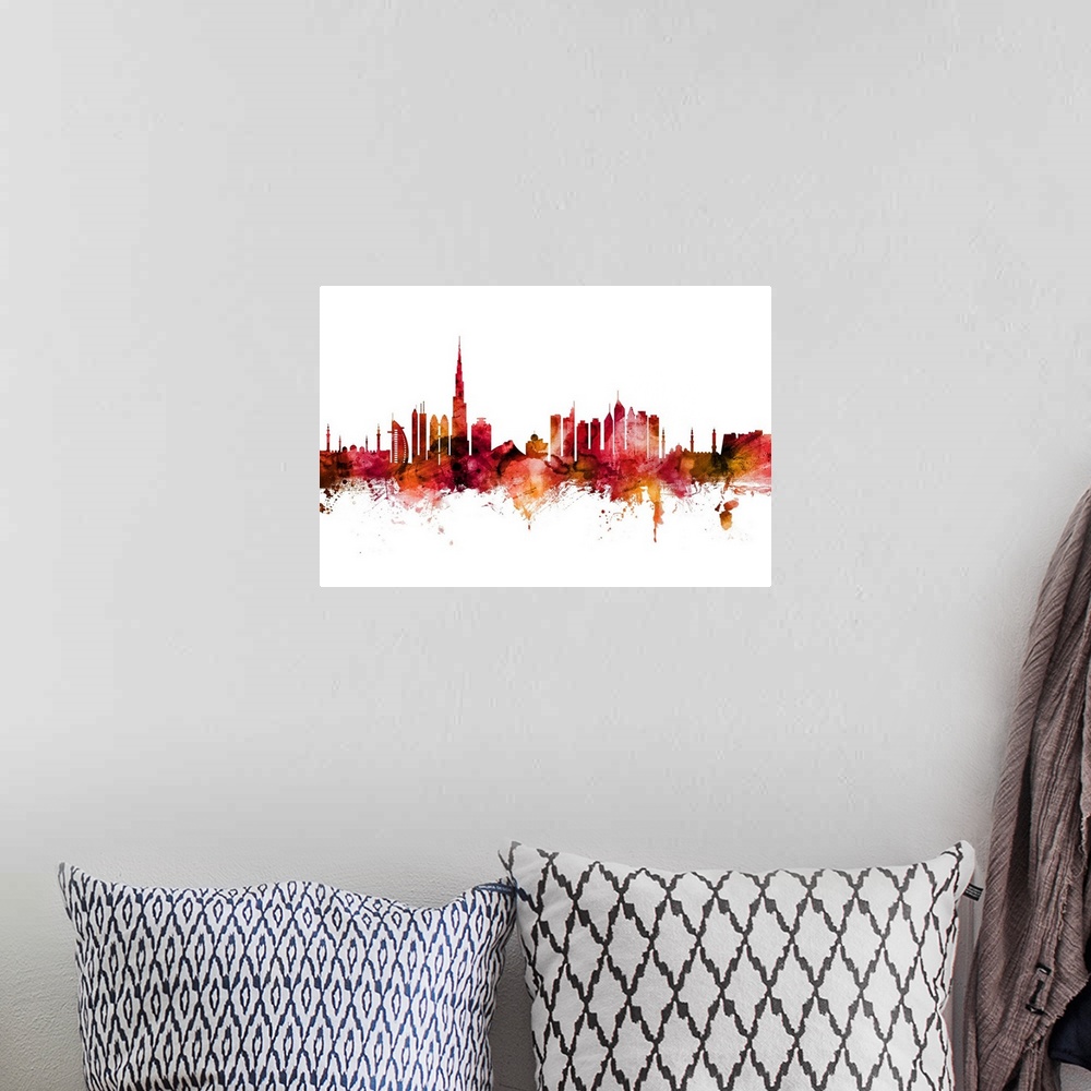 A bohemian room featuring Watercolor art print of the skyline of Dubai, United Arab Emirates