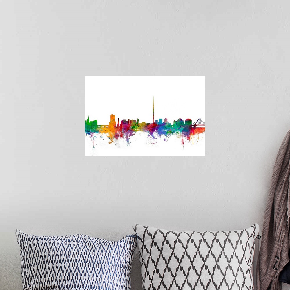 A bohemian room featuring Contemporary piece of artwork of the Dublin skyline made of colorful paint splashes.