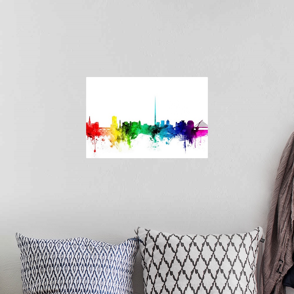 A bohemian room featuring Watercolor art print of the skyline of Dublin, Ireland.