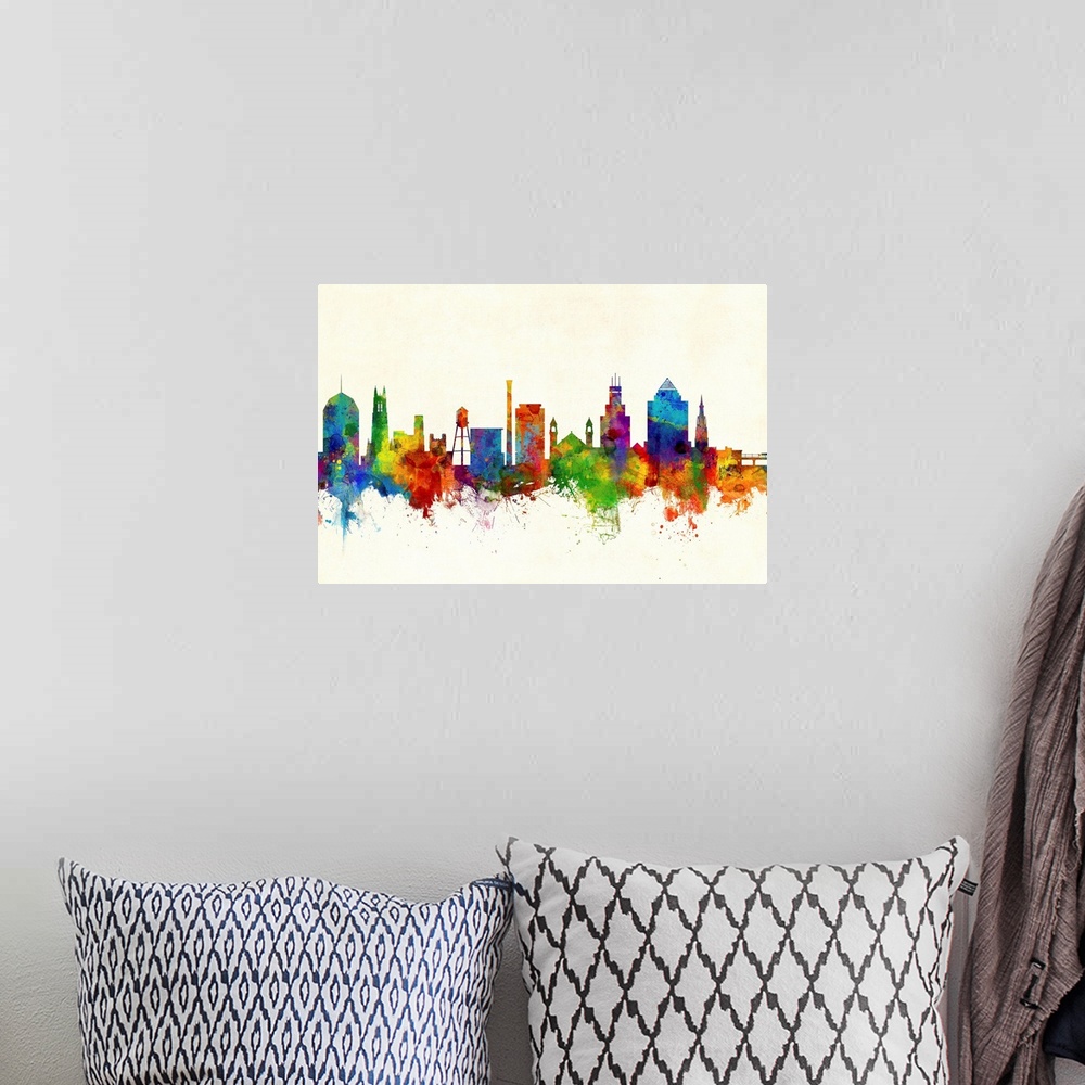 A bohemian room featuring Watercolor art print of the skyline of Durham, North Carolina, United States