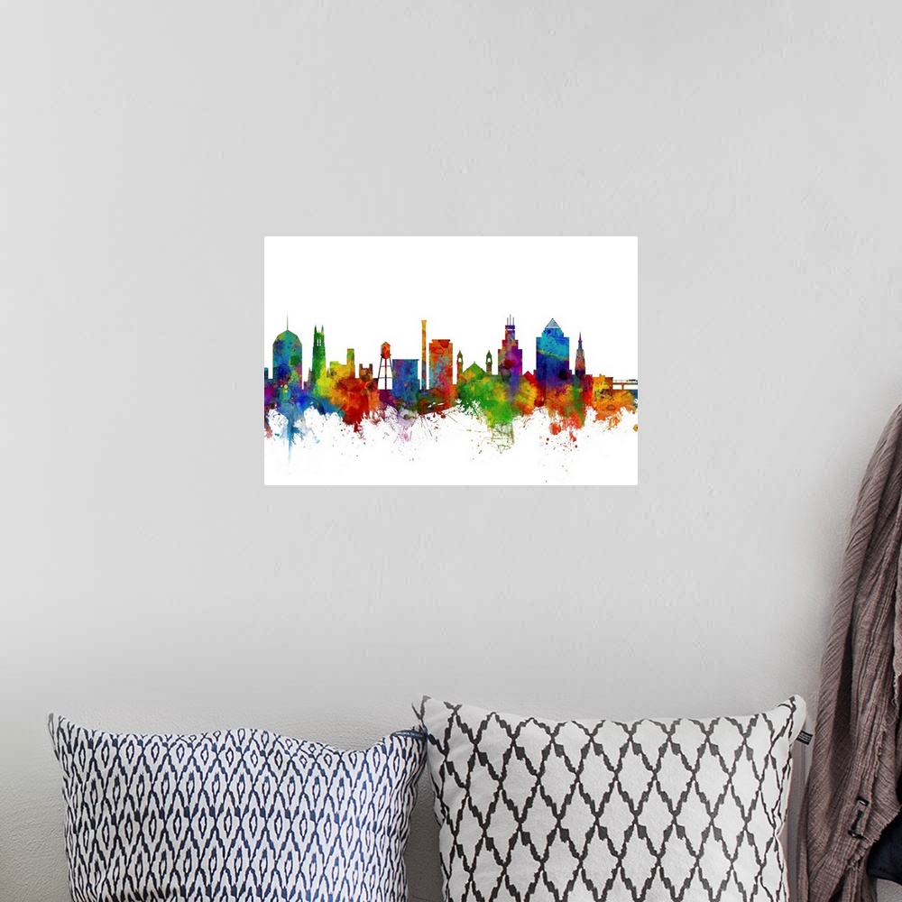 A bohemian room featuring Watercolor art print of the skyline of Durham, North Carolina, United States