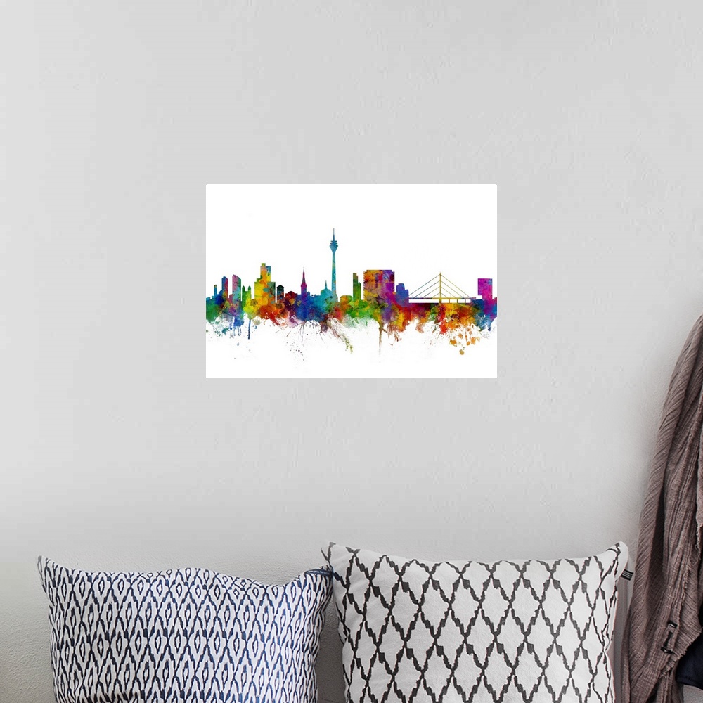 A bohemian room featuring Watercolor art print of the skyline of Dsseldorf, Germany