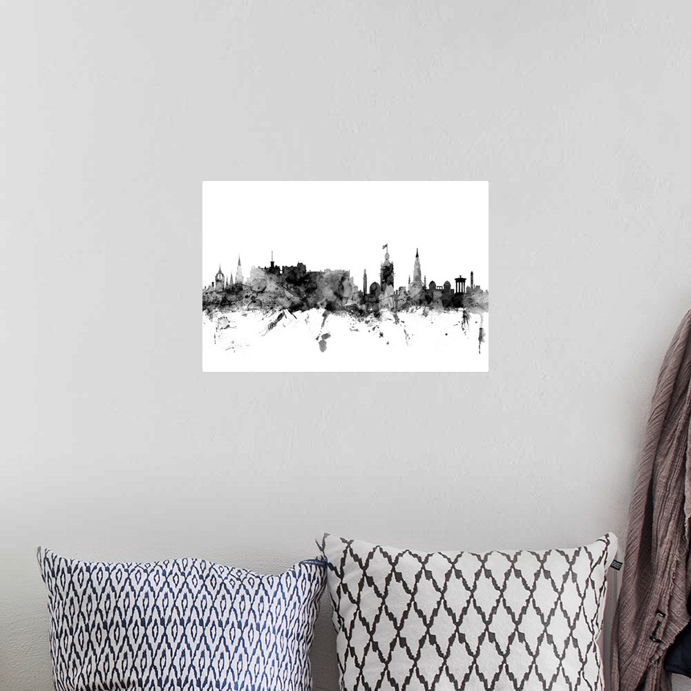 A bohemian room featuring Contemporary artwork of the Edinburgh city skyline in black watercolor paint splashes.