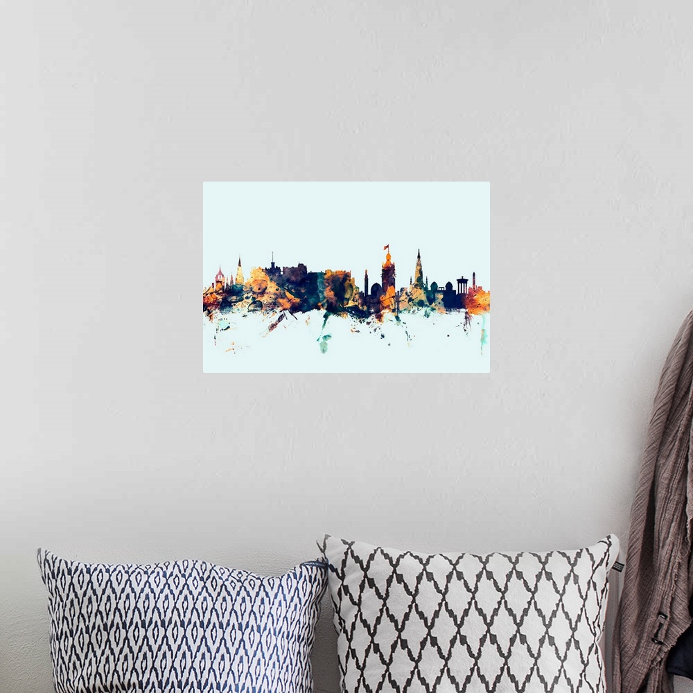 A bohemian room featuring Dark watercolor silhouette of the Edinburgh city skyline against a light blue background.