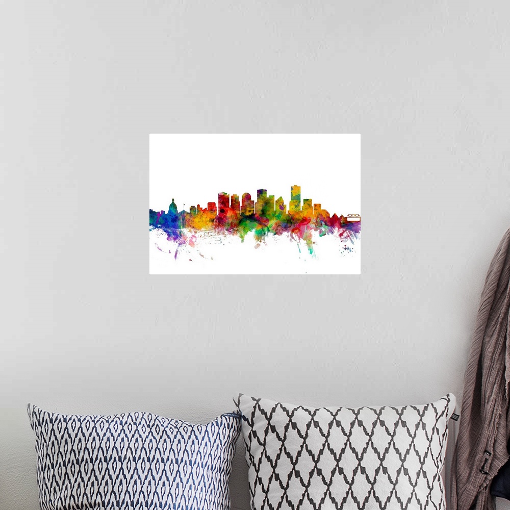 A bohemian room featuring Watercolor artwork of the Edmonton skyline against a white background.