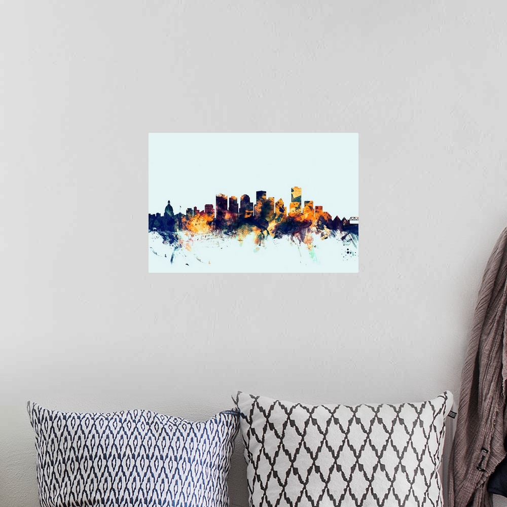 A bohemian room featuring Dark watercolor silhouette of the Edmonton city skyline against a light blue background.