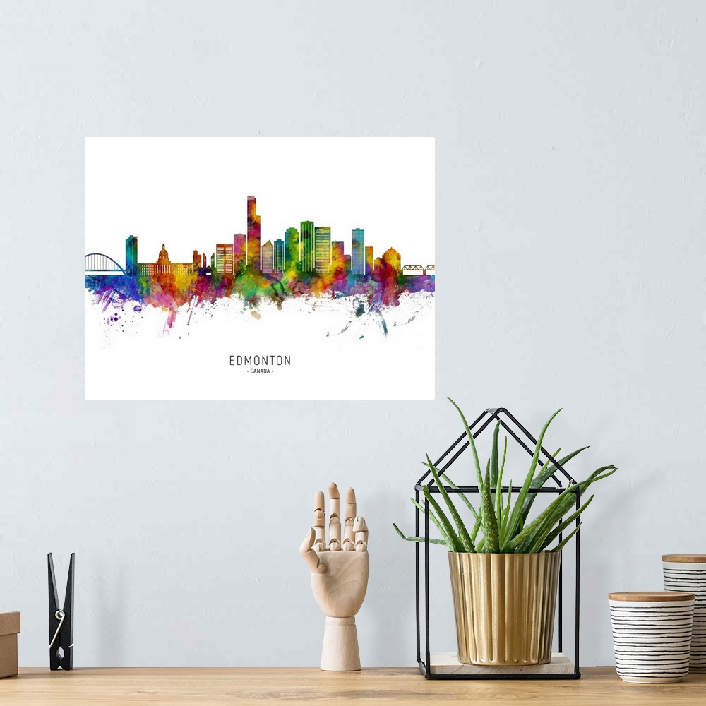 A bohemian room featuring Watercolor art print of the skyline of Edmonton, Canada