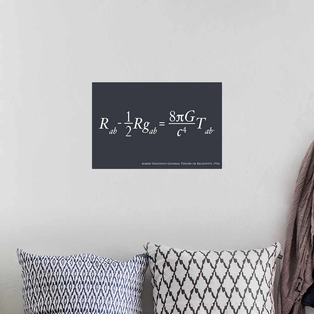 A bohemian room featuring Albert Einstein's equation for the General Theory of Relativity, on a slate grey background. Gene...