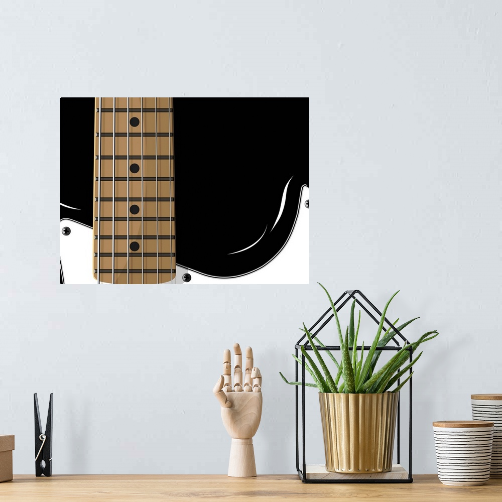 A bohemian room featuring This vector drawing wall art is a close up of a guitaros body and neck.