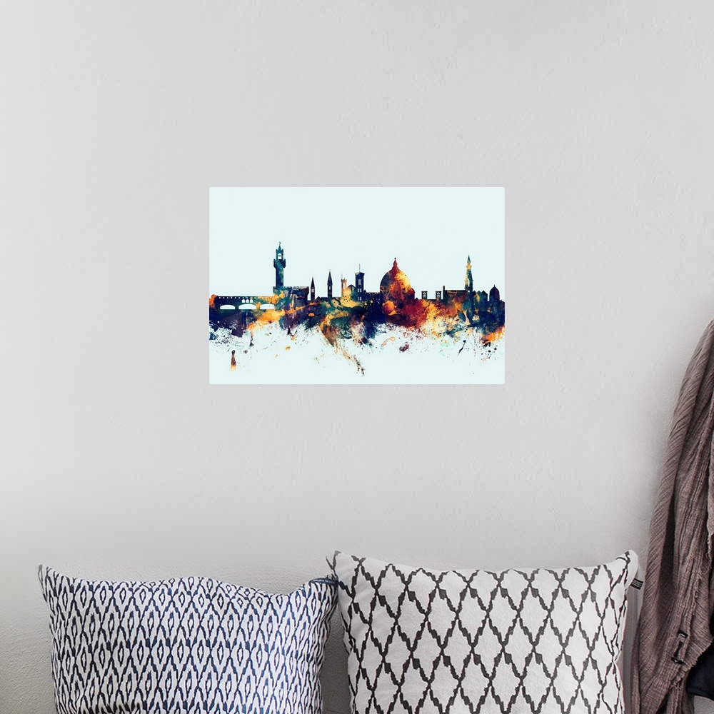 A bohemian room featuring Dark watercolor silhouette of the Florence city skyline against a light blue background.