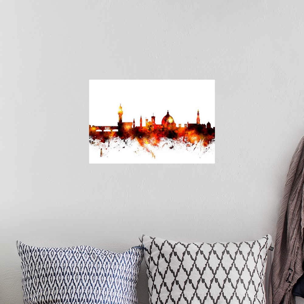 A bohemian room featuring Watercolor art print of the skyline of Florence, Italy.