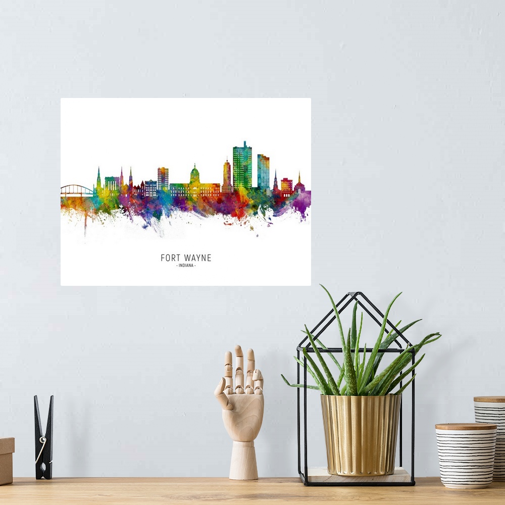 A bohemian room featuring Watercolor art print of the skyline of Fort Wayne, Indiana