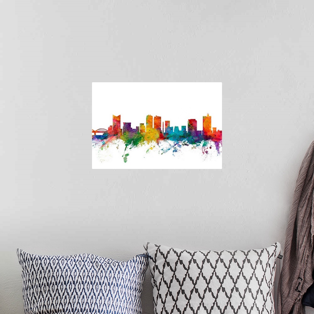 A bohemian room featuring Watercolor artwork of the Fort Worth skyline against a white background.