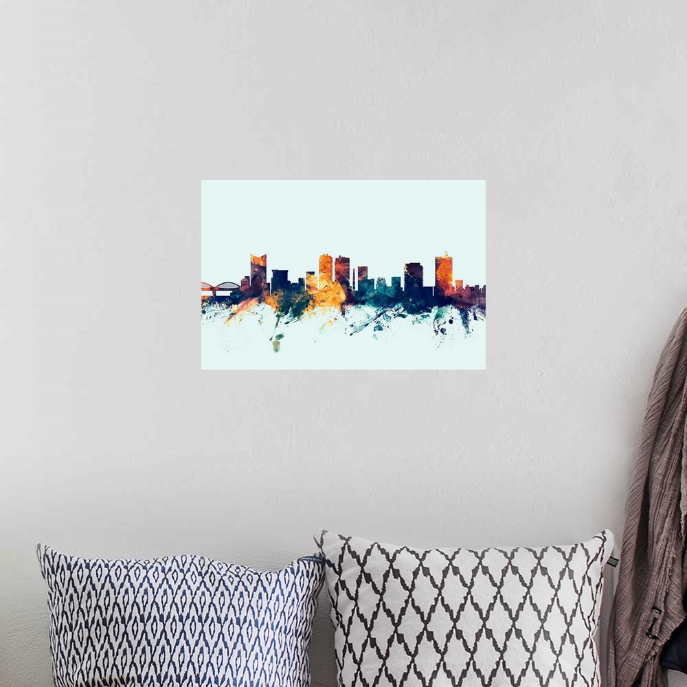 A bohemian room featuring Dark watercolor silhouette of the Fort Worth city skyline against a light blue background.
