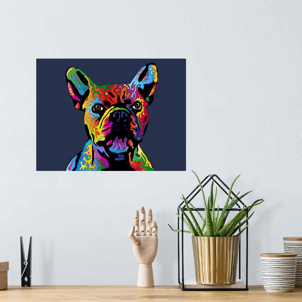 A bohemian room featuring Contemporary artwork of a French Bulldog made up of a spectrum of bright colors.