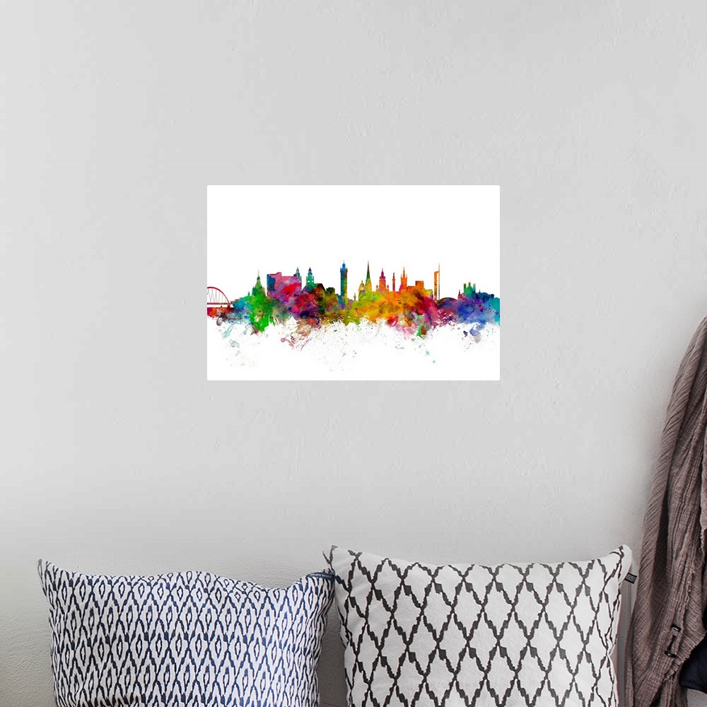 A bohemian room featuring Contemporary piece of artwork of the Glasgow, Scotland skyline made of colorful paint splashes.