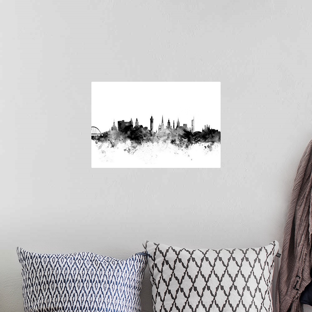 A bohemian room featuring Contemporary artwork of the Glasgow city skyline in black watercolor paint splashes.