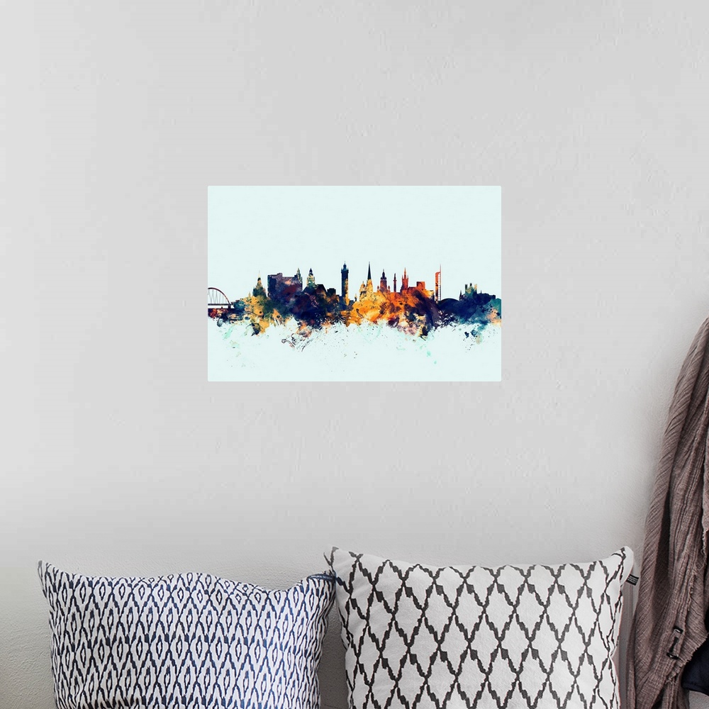 A bohemian room featuring Dark watercolor silhouette of the Glasgow city skyline against a light blue background.