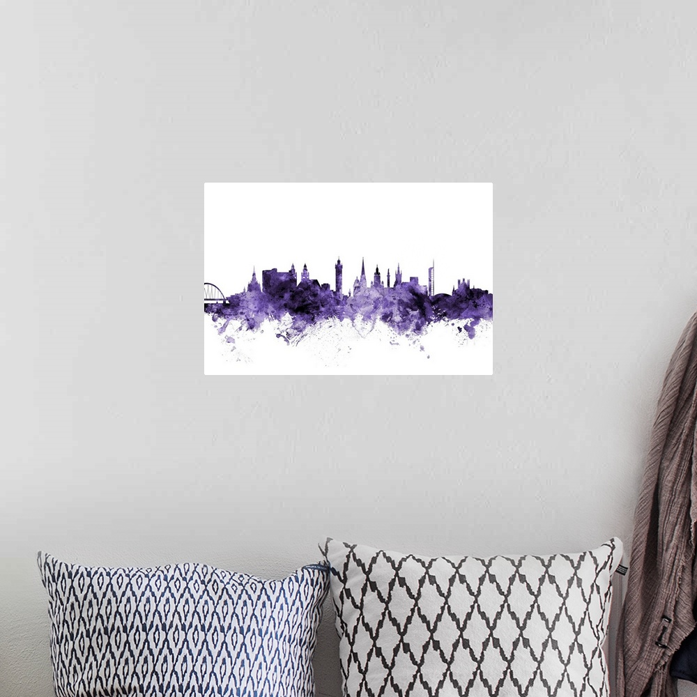 A bohemian room featuring Watercolor art print of the skyline of Glasgow, Scotland, United Kingdom