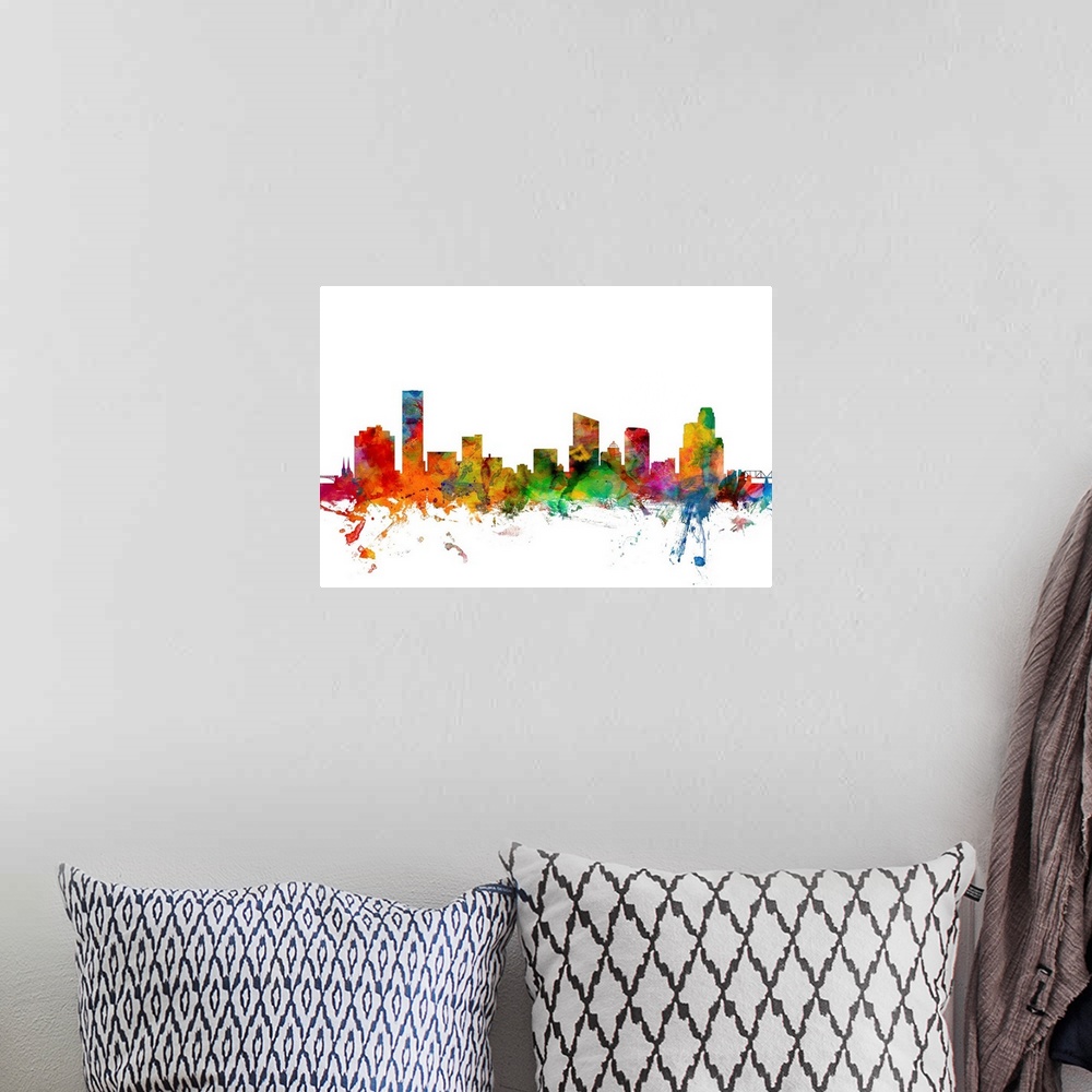 A bohemian room featuring Watercolor artwork of the Grand Rapids skyline against a white background.