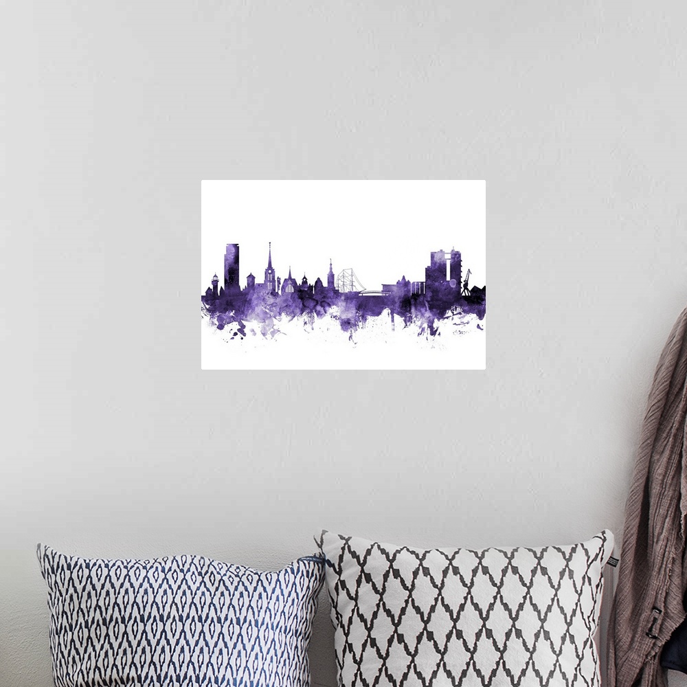 A bohemian room featuring Watercolor art print of the skyline of Halmstad, Sweden (Sverige)