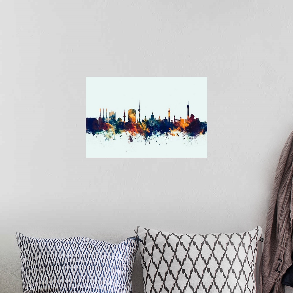 A bohemian room featuring Watercolor art print of the skyline of Hannover, Germany